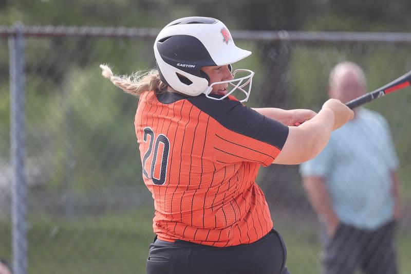 Minooka’s Madison Kelly connects against Normal in the Class 4A sectional semifinal on Tuesday, May 21, 2024 in Minooka.