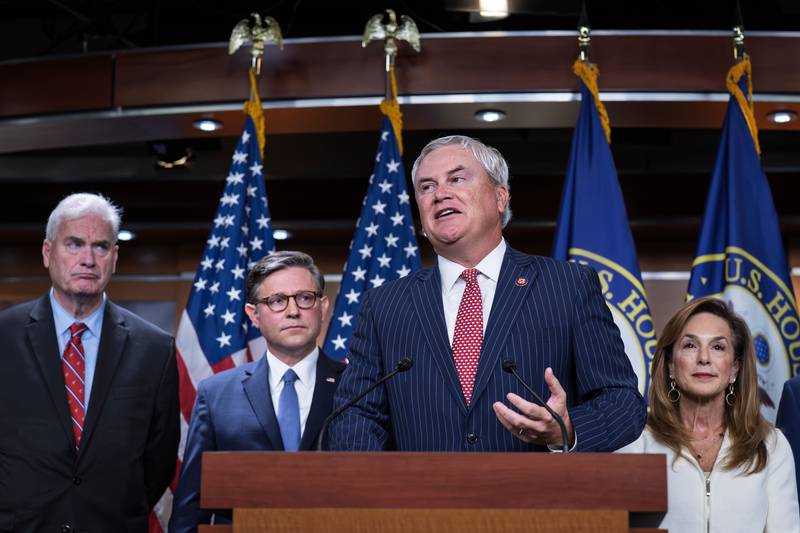 House Oversight Committee Chairman James Comer, R-Ky., center, is joined from left by House Majority Whip Tom Emmer, R-Minn., Speaker of the House Mike Johnson, R-La., and Rep. Lisa McClain, R-Mich., to talk to reporters about the Jeffrey Epstein investigation, at the Capitol in Washington, Tuesday, Oct. 21, 2025. (AP Photo/J. Scott Applewhite)