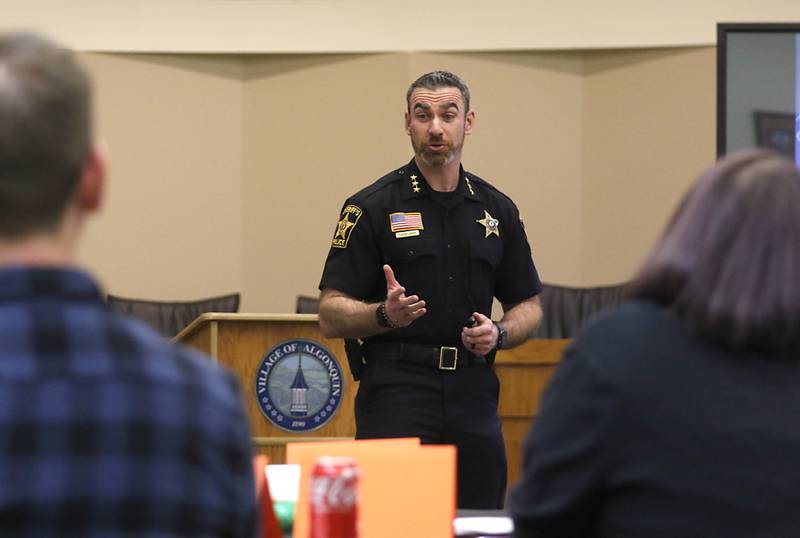 McHenry County Sheriff Robb Tadelman speaks Wednesday, Dec. 7, 2022, to a class in the Ted Spella Leadership School at the Algonquin Village Hall, 2200 Harnish Drive, in Algonquin.