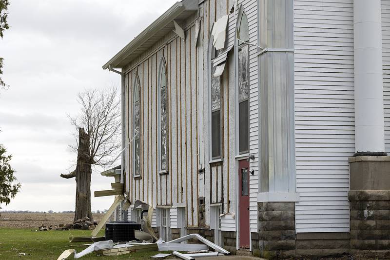 A church in rural Ogle County is seen damaged Friday, April 3, 2026. Thursday evening storms caused a swath of damage across the area.