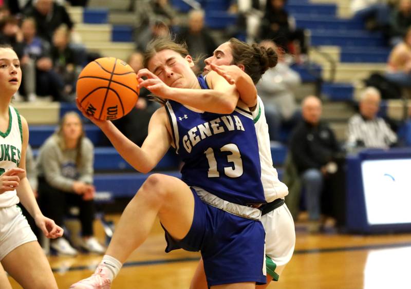 Geneva's Linnea Popp pulls down a rebound during a 4A Geneva Regional semifinal game against York on Tuesday, Feb. 18, 2025 in Geneva.