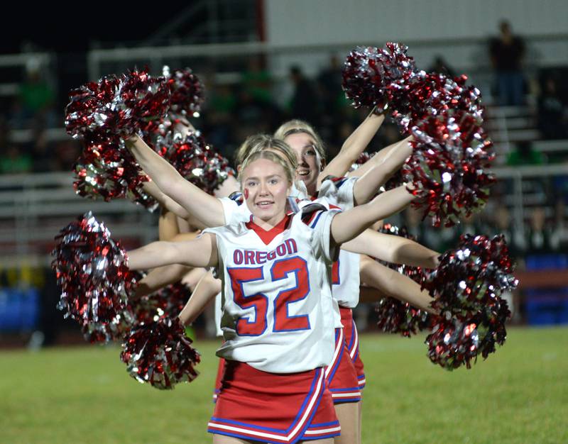 Oregon High School cheerleaders perform during halftime of the football game with Rock Falls on Friday, Sept. 19, 2025.