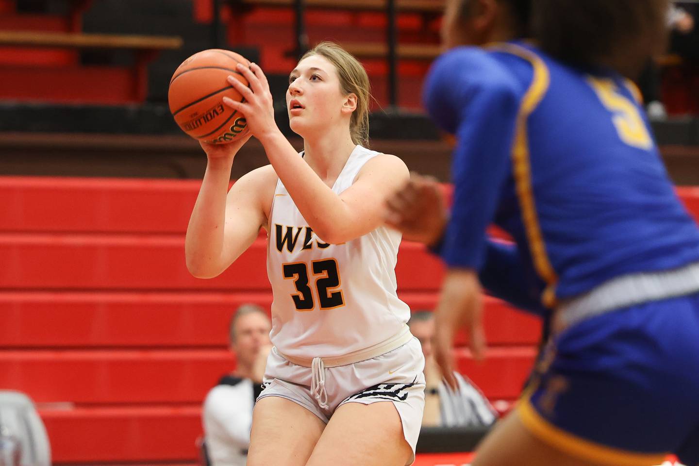 Joliet West’s Brooke Schwall takes a deep shot against Joliet Central in the Class 4A Bradley-Bourbonnais Regional semifinals Monday, February 13, 2023.
