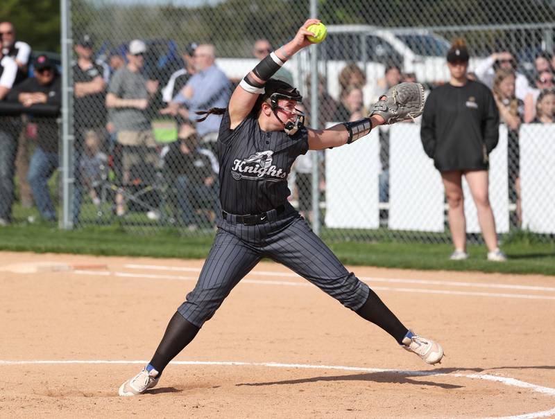 Kaneland's Addison Coulter delivers a pitch during their game against Sycamore Wednesday, May 7, 2025, at Kaneland High School in Maple Park.