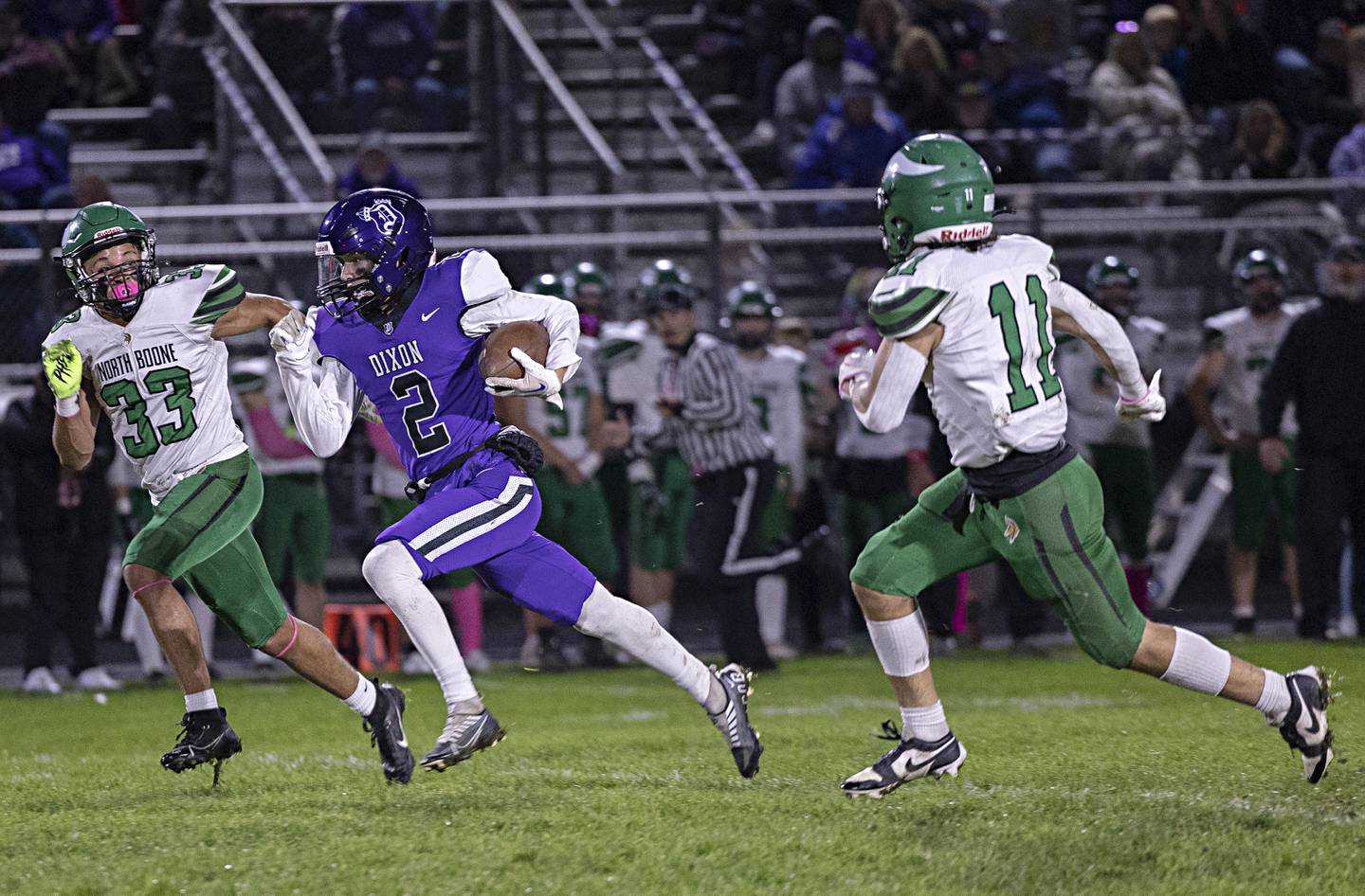 Dixon’s Cullen Shaner picks up big yards against North Boone Friday, Oct. 20, 2023 in Dixon.