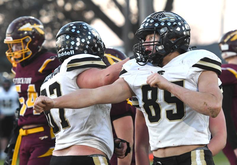 Lena-Winslow's Aiden Wild (85) celebrates after a scoring a touchdown against Stockton in 1A semifinal action on Saturday, Nov. 22, 2025.