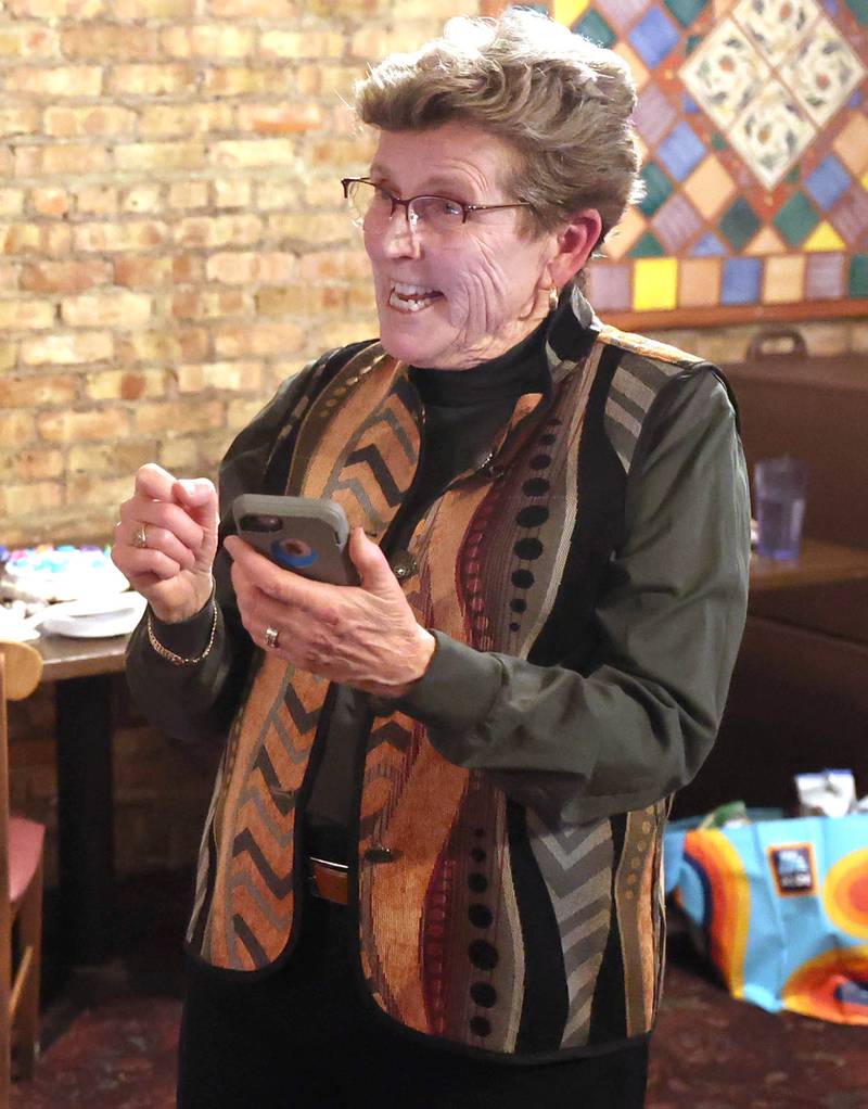 Alicia Cosky, running for Ward 1 Sycamore City Council, reacts as election results show her leading Tuesday, April 4, 2023, during an election night watch party at Rosita's Mexican Restaurant in DeKalb.