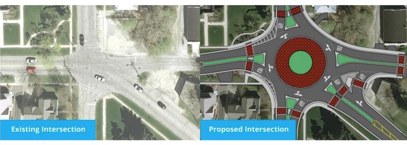 A rendering of the proposed roundabout for the five-way intersection of Lake, Madison, and South streets published by the city of Woodstock in 2017.