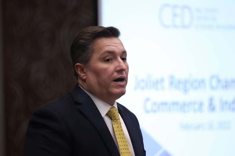 Doug Pryor, Vice President of Economic Development for the Will County Center for Economic Development, speaks to the Joliet Region Chamber of Commerce and Industry at a luncheon held at the Holiday Inn in Joliet. Wednesday, Feb. 16, 2022, in Joliet.