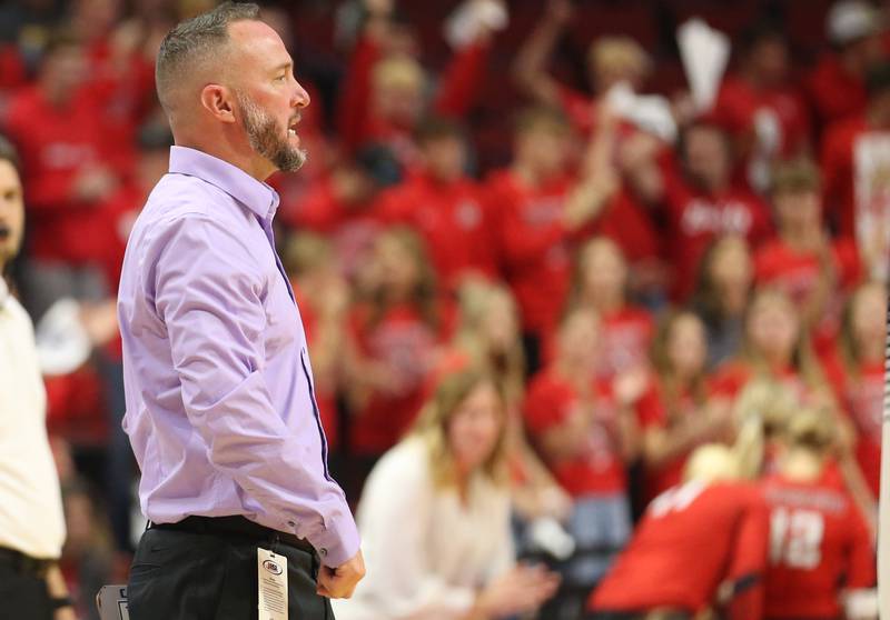 Cissna Park head volleyball coach Josh Landon watches his team play Calhoun during the Class 1A State semifinal game on Friday, Nov. 15, 2024 at CEFCU Arena in Normal.
