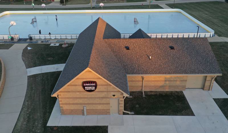 An aerial view of the Schweickert Sports Center building and ice rink on Thursday, Dec. 5, 2024 at Washington Park in Peru.