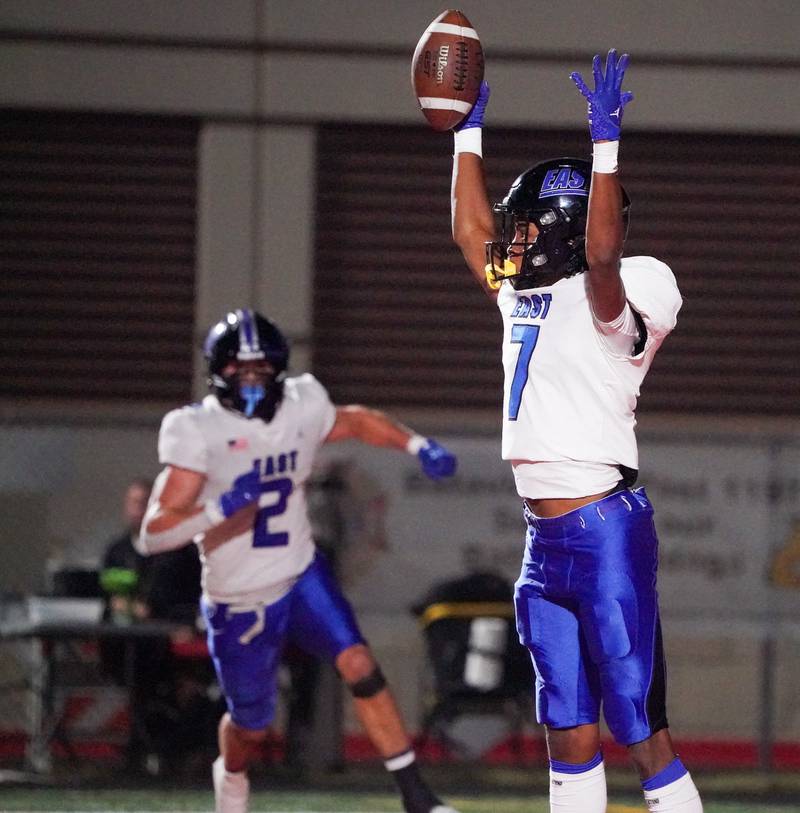 Lincoln-Way East's DJ Richardson (7) reacts after scoring a touchdown against Batavia during a football game at Batavia High School on Friday, Sep 1, 2023.