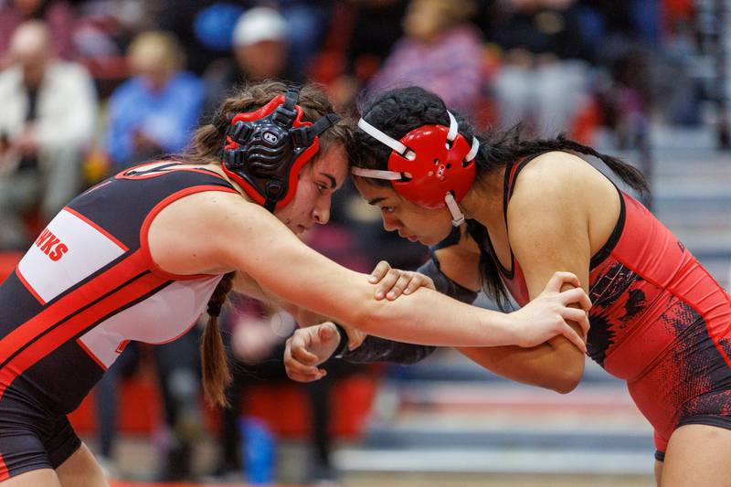 Naperville Central's Melva Gallego - Sugar and East Aurora's Ayelen Higuera compete in the championship 130 lb class at the East Aurora Wrestling Regional on Saturday, Feb.7,2026 in Aurora.