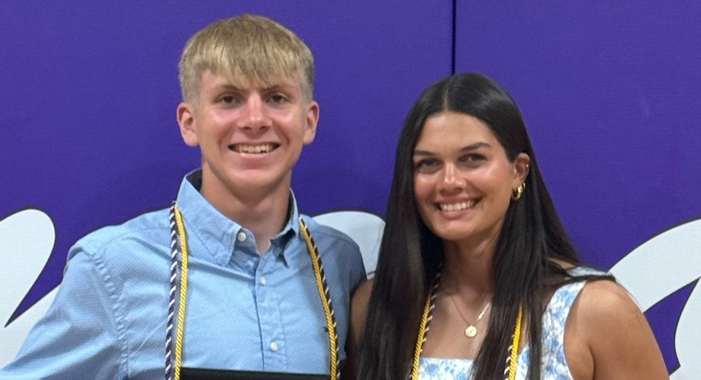Tanner Faivre (left) and Paisley Twait, Serena Lions Club's two scholarship winners, spoke about their college plans and future endeavors at the Lions Club meeting on July 18.