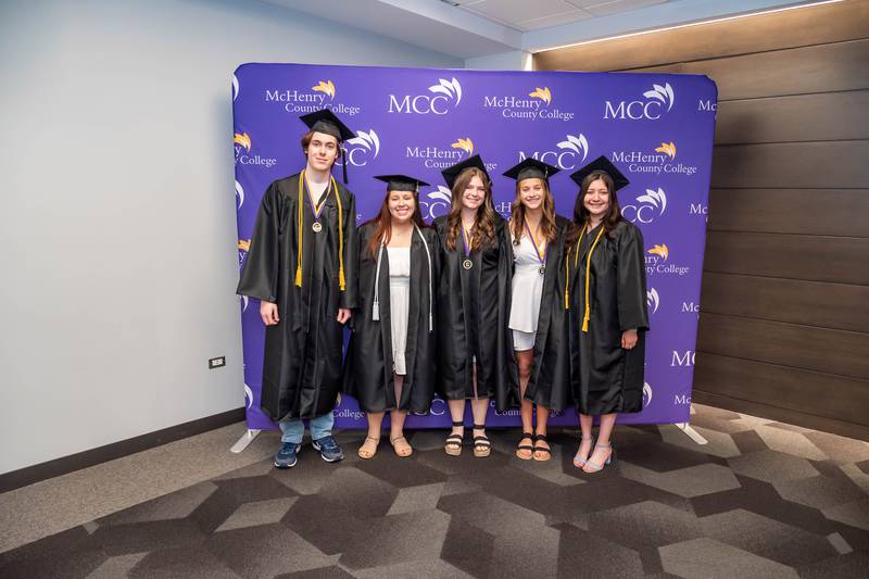 From left to right, Chris Ritschke, Jade Sanchez, Alli Scott, Kaitlyn Duber, and Jenny Castillo, are all dual degree graduates at Harvard High School. Their ceremony was held at MCC on Saturday, May 13, 2023. The group will graduate from Harvard High School on Sunday, May 21, 2023.