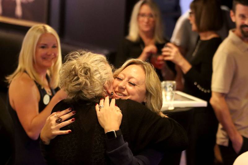 Radio personality Tina Lawrence greets others as she arrives during Shaw Media's Best of the Fox celebration at Lou’s Lounge at the Dole in Crystal Lake on Thursday, Sept. 18, 2025.