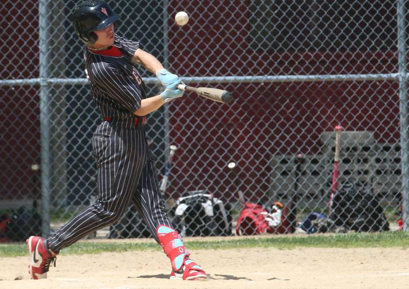 Hall's Jaxon Pintee smacks a hit against Chillicothe during the Class 2A Regional game on Saturday, May 18, 2024 at Kirby Park in Spring Valley.