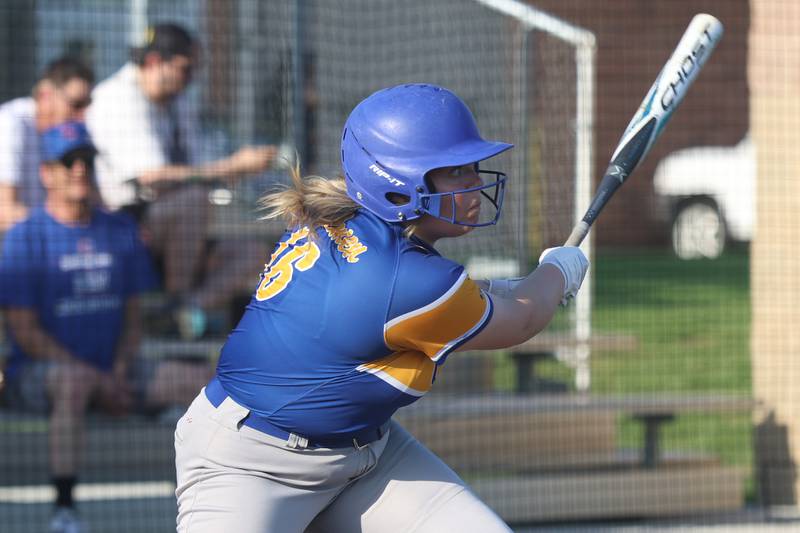 Joliet Central’s Sophie Litsogannis drives in two runs against Joliet West on Wednesday, April 22, 2026 in Joliet.