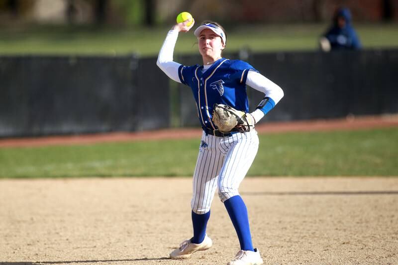 Wheaton North's Reagan Crosthwaite throws to first during a game against St. Charles North on Tuesday, April 15, 2025 in St. Charles.