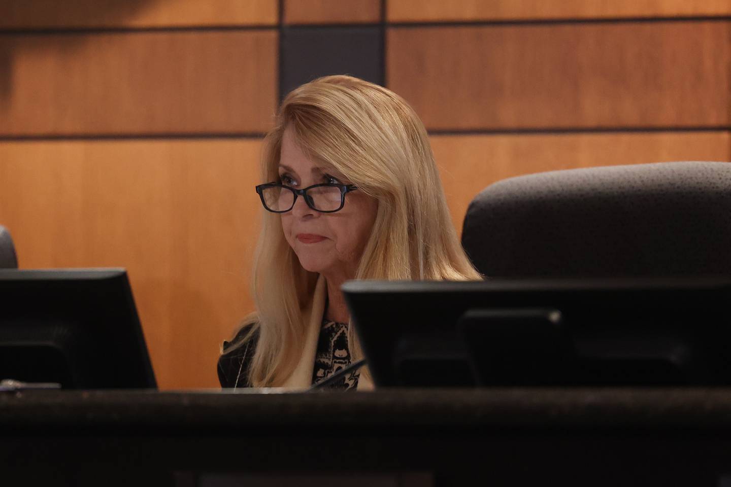 Council at Large Jan Hallums Quillman sits in on a hearing on the validity of nominating petitions of two City Council candidates at the Joliet City Electoral Board meeting on January 4th.