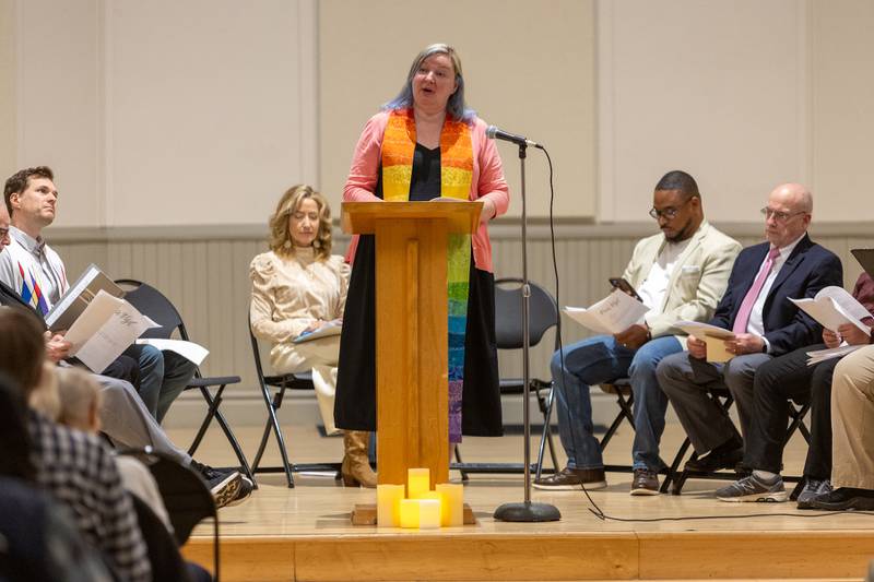 The Rev. Melissa Meyers speaks at the International Peace Vigil on Sunday, Nov. 23, 2025, at Shannon Hall in Batavia.