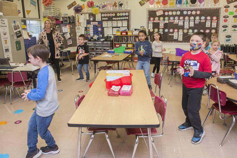 Students in Melissa Heaton's kindergarten class "get the wiggles out" while learning how to count to 100 Thursday, April 7, 2022 at Sterling's Jefferson School.