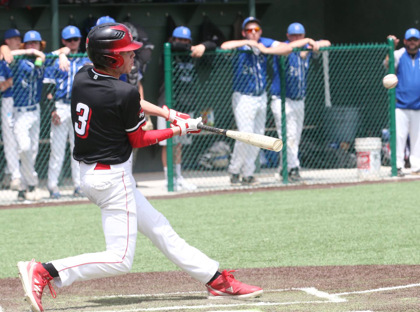 Henry-Senachwine's Zachary Barnes smacks a hit against Milford during the Class 1A Supersectional game on Monday, May 29, 2023 at Illinois Wesleyan University in Bloomington.