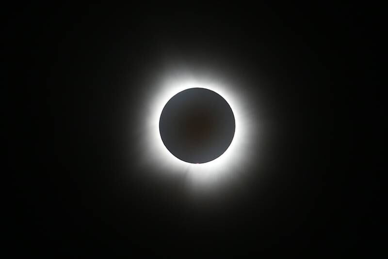 The moons shadow creates a total eclipse of the sun on Monday, April 8, 2024 at Rend Lake.