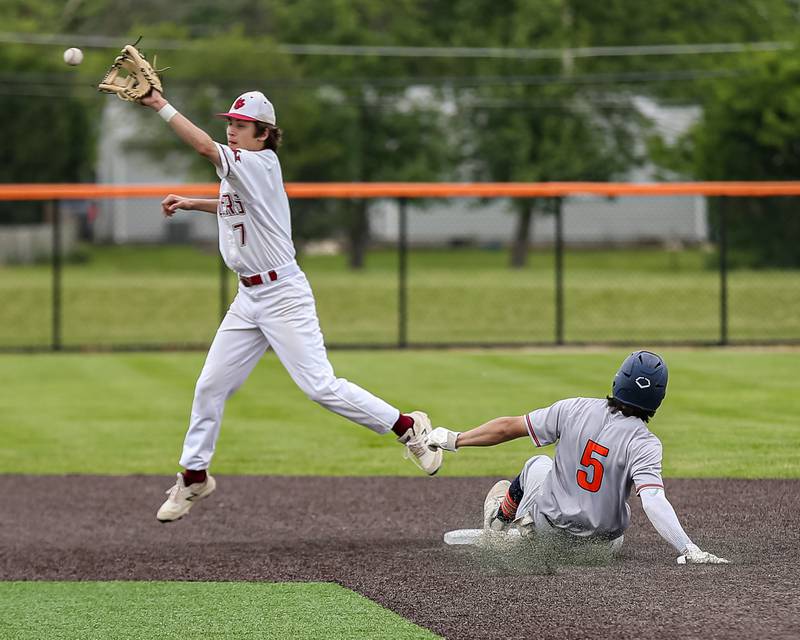Plainfield North's Joe Guiliano (7) receives the throw at second while Oswego's Ethan Valles (5) slides in safe during the Class 4A Romeoville Sectional final game between Plainfield North at Oswego.  June 4, 2022.
