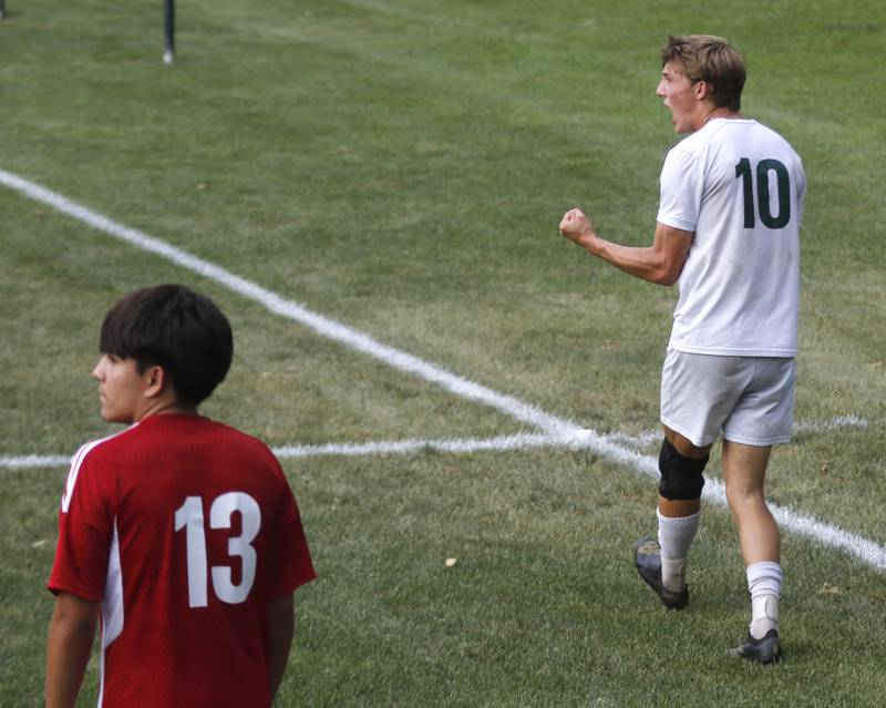 Crystal Lake South's Nolan Getzinger celebrates South’s win over Dundee-Crown in a Fox Valley Conference soccer match Tuesday, Sept. 5, 2023, at Dundee-Crown High School in Carpentersville.