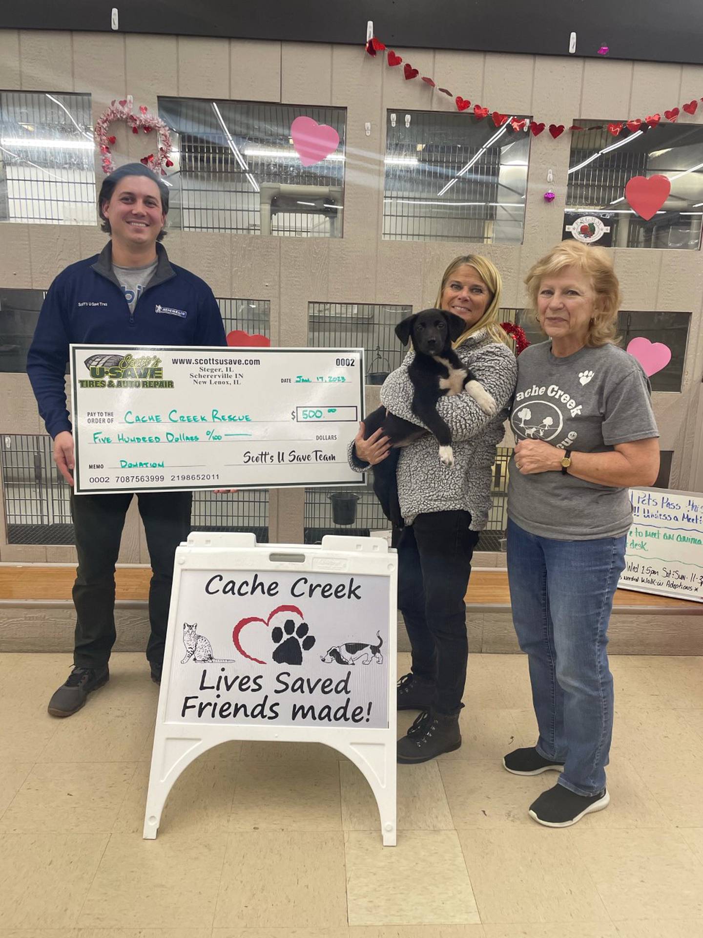 Scott’s U-Save Tires & Auto Repair donated $500 to Cache Creek Animal Rescue in Frankfort as part of its holiday contest this year. Pictured from left are Brad Templin, Scott’s U-Save Tires & Auto Repair operations manager, Sheri Templin, Scott’s U-Save Tires & Auto Repair owner, and Cindy Fitzpatrick from Cache Creek Animal Rescue.