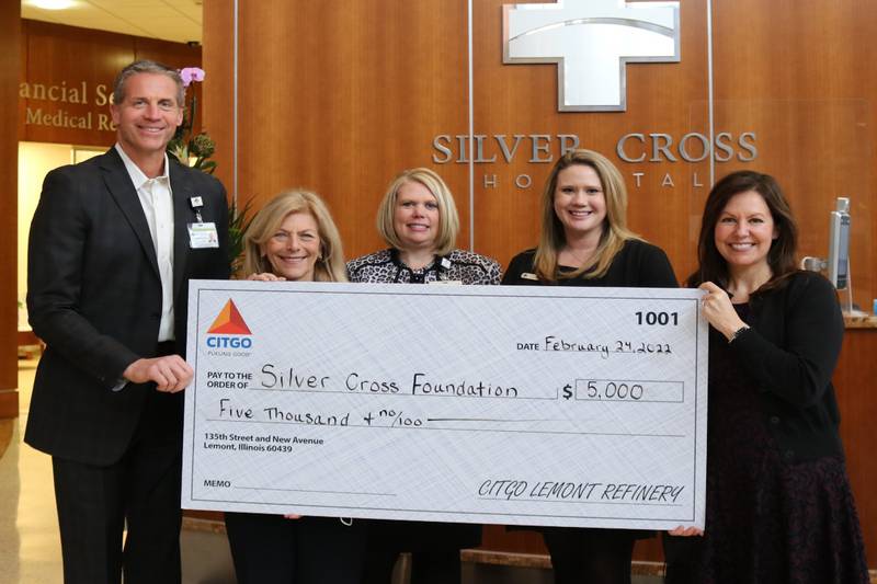 CITGO Lemont Refinery recently presented a $5,000 check to the Silver Cross Foundation in support of Silver Cross Hospital’s new level 3 neonatal intensive care unit. Pictured receiving the check are Ruth Colby, Silver Cross Hospital's president and CEO (second from the left) and Tracy Simons, executive director of the Silver Cross Foundation, (third from left).