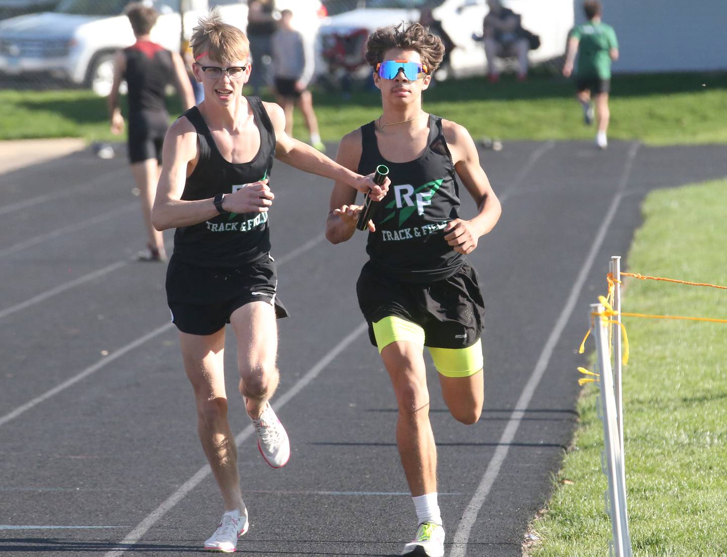Rock Falls's Gabe Moyer and Jeff Sommer run in the 4x800 relay during the Ferris Invitational on Monday, April 15, 2024 at Princeton High School.