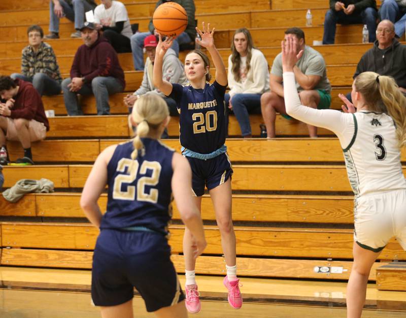 Marquette's Kaitlyn Davis lets go of a jump shot against Midland's Anna McGlasson on Thursday, Feb. 12, 2026 at Midland High School.