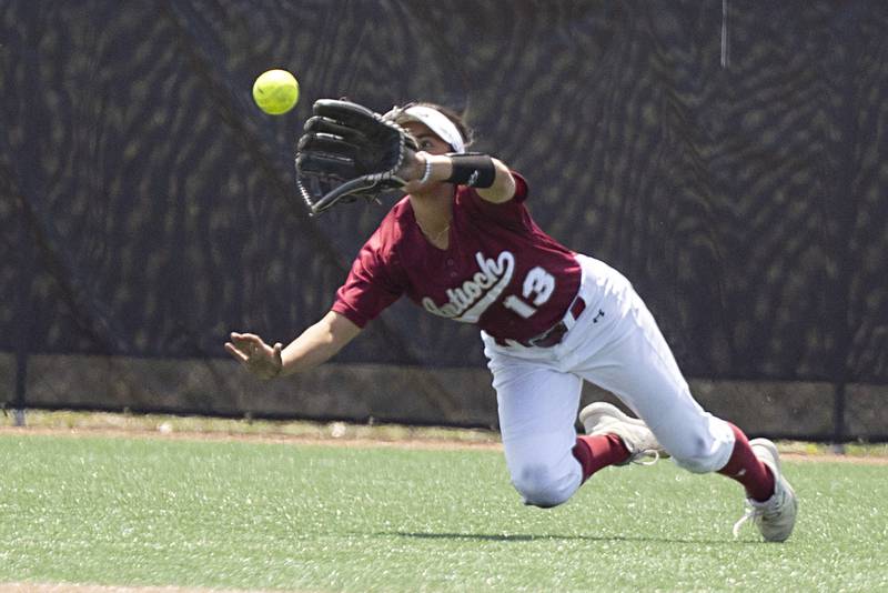 Antioch’s Eden Echevarria makes a diving catch in centerfield Friday, June 9, 2023 in the class 3A state softball semifinal.