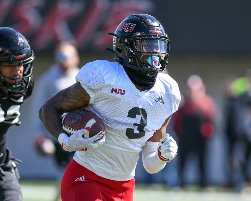 Northern Illinois University wide receiver Tyrice Richie (3) carries the ball Saturday April 16th during a spring scrimmage held at Huskie Stadium in DeKalb.