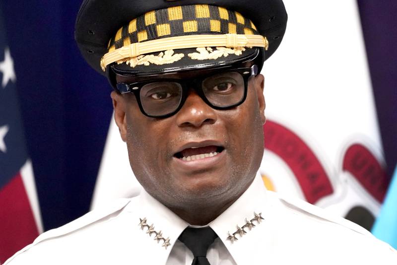 FILE - Chicago Police Superintendent David O. Brown responds to a question during a news conference, July 22, 2021, in Chicago. Chicago's police superintendent announced Wednesday, March 1, 2023, that he would step down in two weeks, seven months before he turns 63, the mandatory retirement age for Chicago police officers. (AP Photo/Charles Rex Arbogast, File)