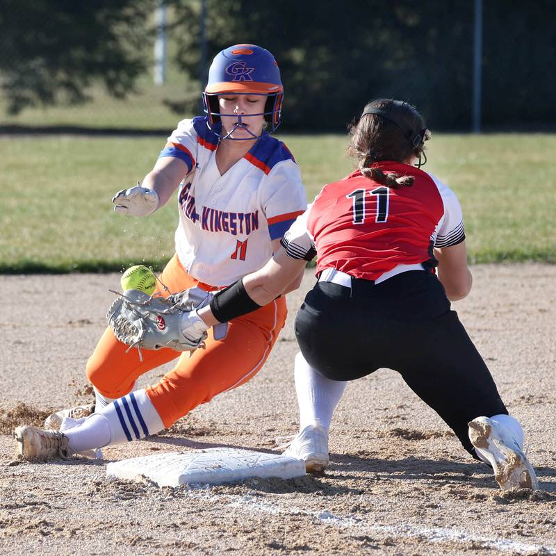 Genoa-Kingson's Emily Trzynka slides safely into third as Forreston’s Bailey Sterling tries to make the tag during their game Friday, March 15, 2024, at Genoa-Kingston High School.