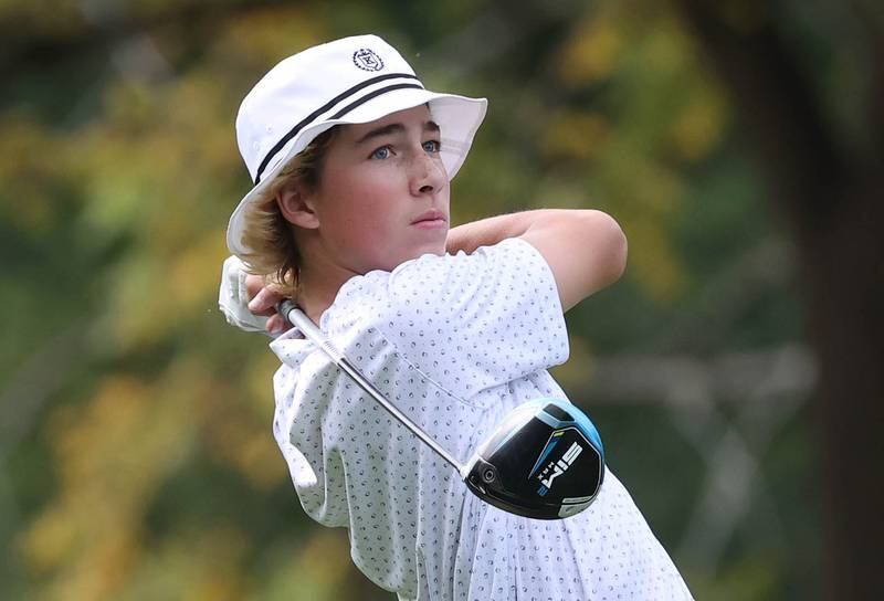 Burlington Central’s Tyler Samaan tees off on the third hole in September 2024 during the Mark Rolfing Cup at the Kishwaukee Country Club in DeKalb.