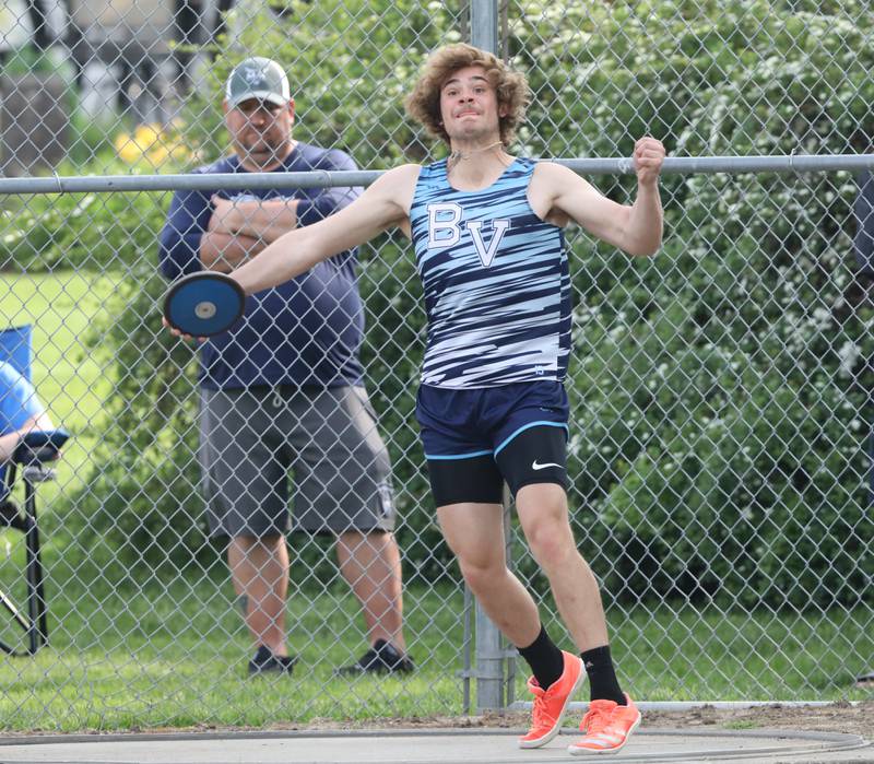 Bureau Valley's Drake Michlig throws the discus in Friday's Three Rivers Meet.