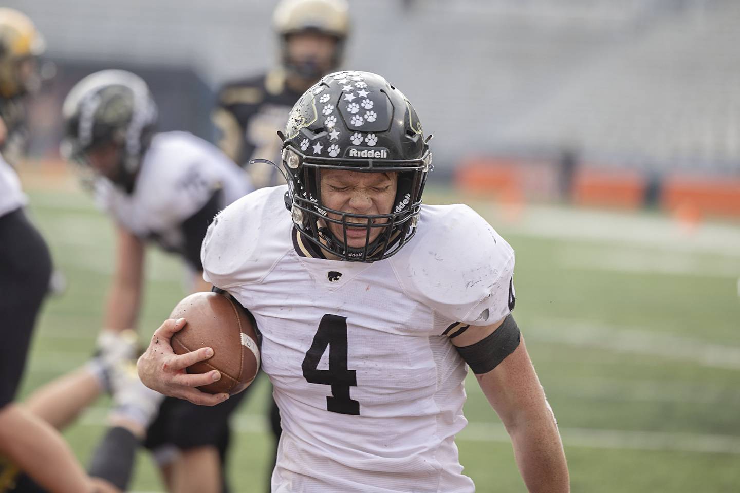 Lena-Winslow’s Gage Dunker celebrates his second touchdown in the 1A championship game Friday, Nov. 25, 2022 against Camp Point Central.