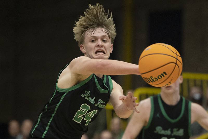 Rock Falls’ Owen Mandrell makes a pass against Christ the King Monday, March 10, 2025, during the Class 2A boys basketball Supersectional in Sterling.