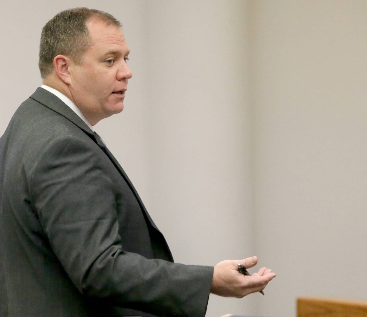 Assistant Public Defender Ryan Hamer, speaks to the jury during opening statements in the trial of Donald Fredres in the courtroom at the La Salle County Government Complex on Tuesday, April 26, 2022 in Ottawa.