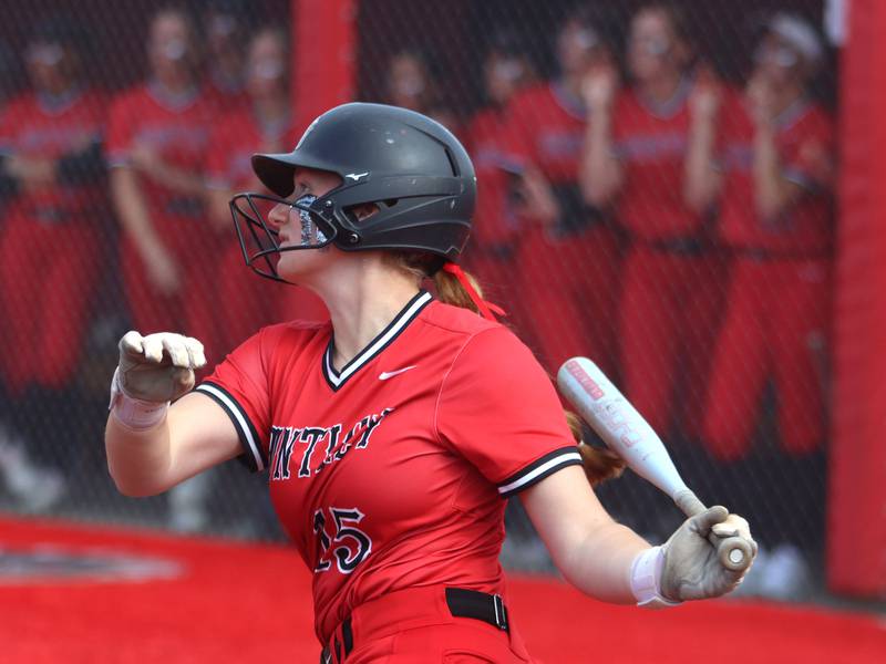 Huntley’s Isabella Boskey connects for a double against DeKalb in IHSA Class 4A Sectional Semifinal softball action at Barrington High School in Barrington on Wednesday, June 4, 2025.