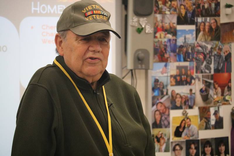 Vietnam War veteran Edward Higgins delivers a talk on Monday, Nov. 10, 2025, to students at Clinton Rosette Middle School in DeKalb.
