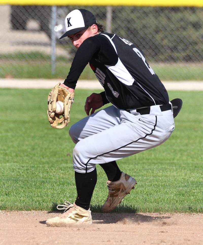 Kaneland's Kanon Baxley makes a play at shortstop Tuesday, April 28, 2026, during their game against Sycamore at the Sycamore Community Sports Complex.