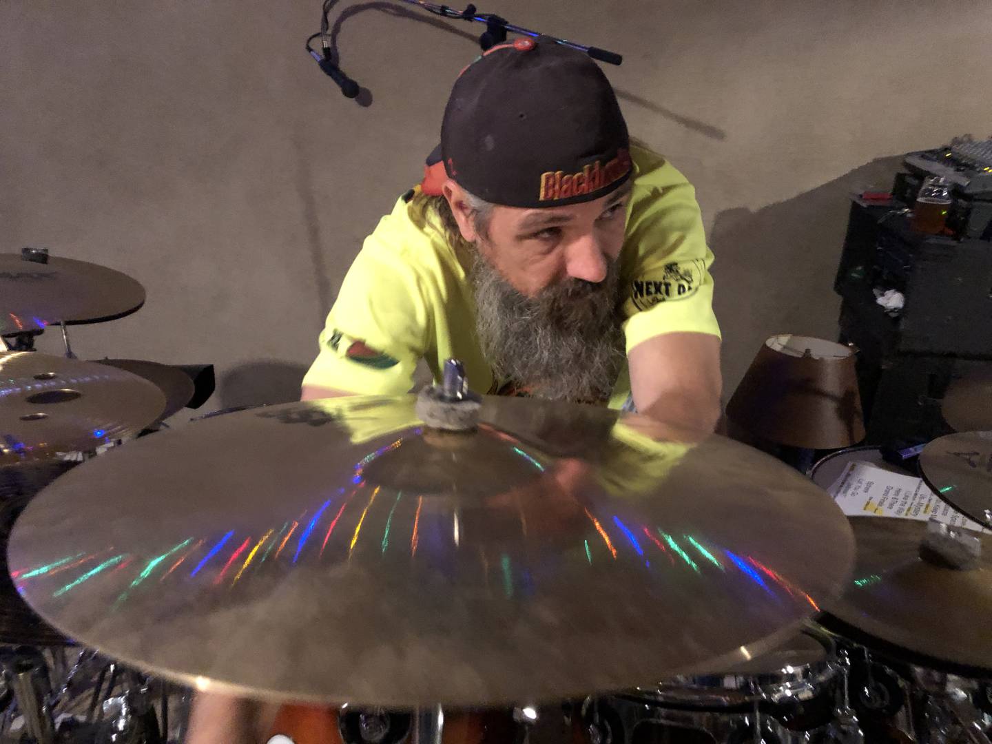 Drummer Ken Schultz prepares for the last practice with Moon on Wednesday, July 23, 2025, before a concert Saturday at The Vixen in McHenry. The show marks the band's 45th anniversary and is also in honor of original drummer Don Schramm, who died of cancer in 2020.