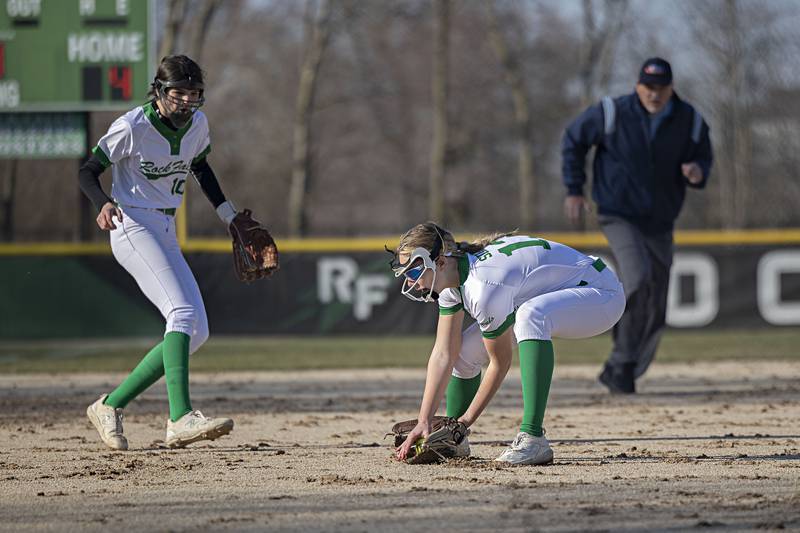 Rock Falls pitcher Zoey Silva fields a bunt against Forreston Thursday, March 28, 2024 at Rock Falls High School.
