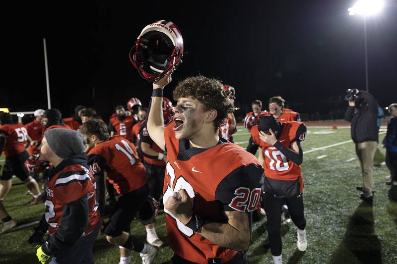 Amboy’s Caiden Heath celebrates after defeating Milledgeville Friday, Nov. 22, 2024, in the 8-man football championship in Monmouth.