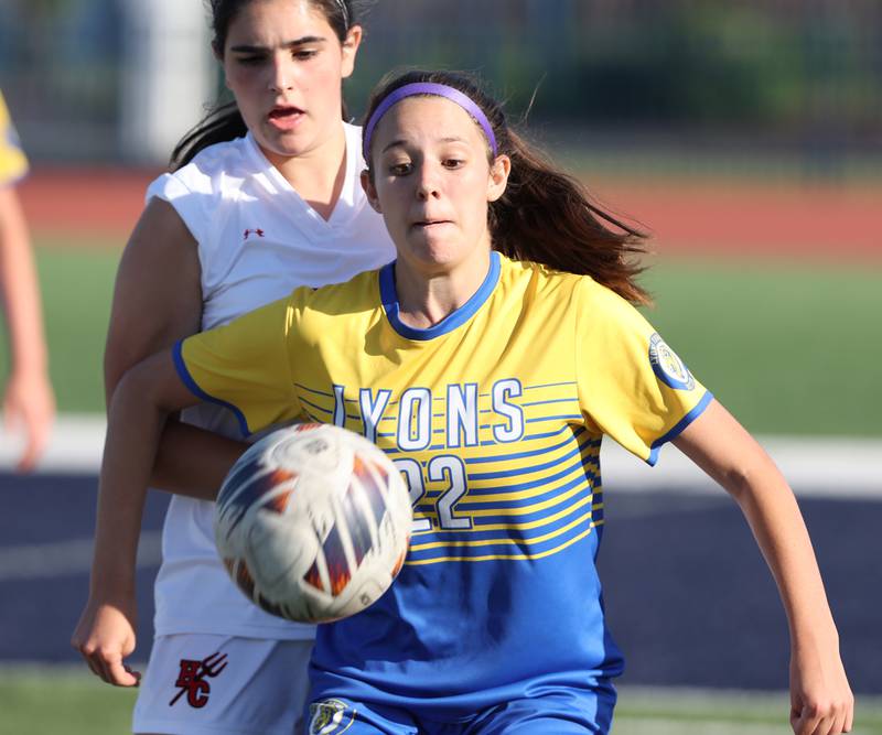 Lyons Township's Peyton Israel (22) tracks down the ball during the IHSA Class 3A girls soccer sectional final match between Lyons Township and Hinsdale Central at Reavis High School in Bubank on Friday, May 26, 2023.